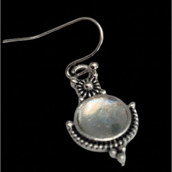 Faux Moonstone & Silver Tone Drop Earrings, Ornate Vintage Balinese Opal Style - Picture 3 of 7